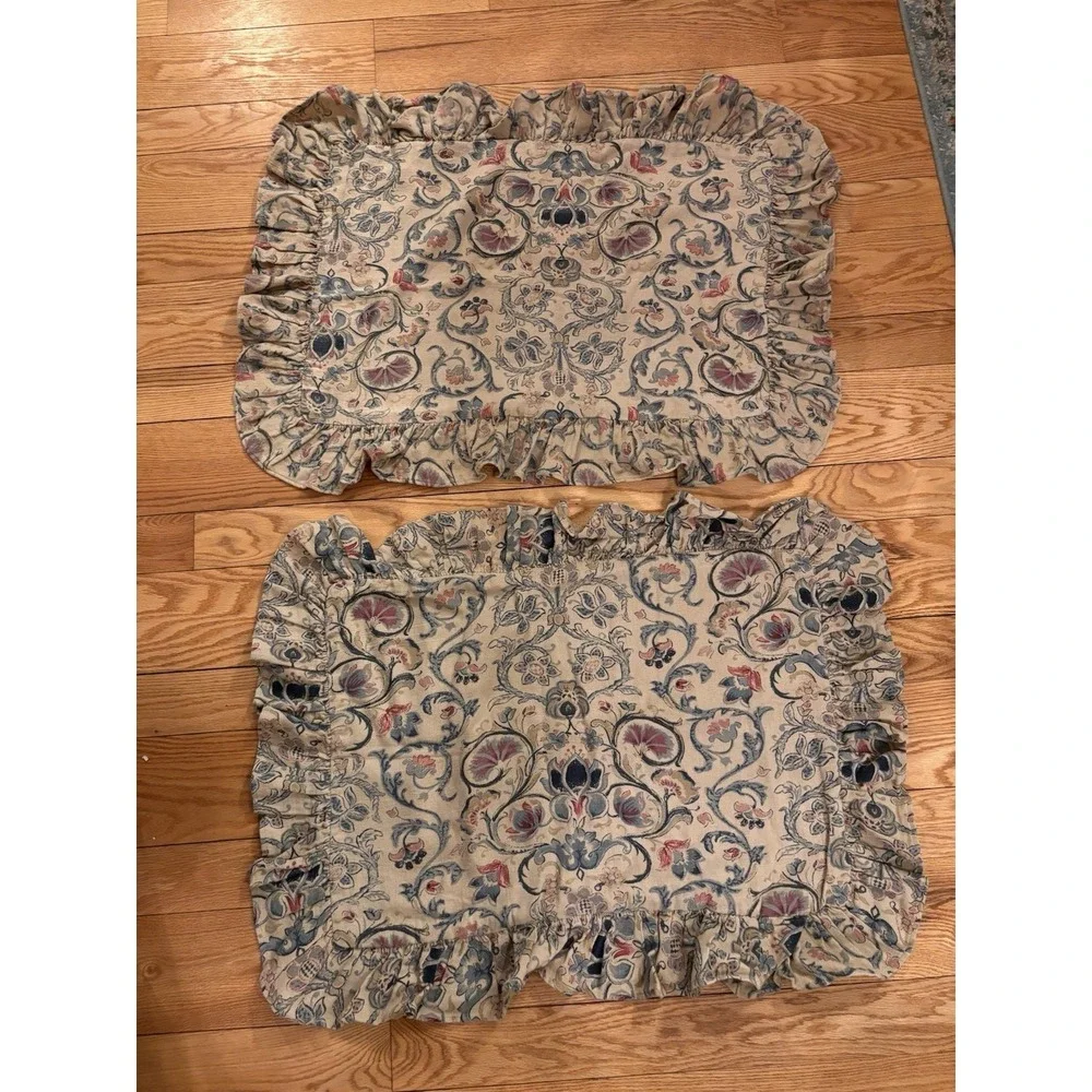 (2) Ralph Lauren Provence Pillow Sham Floral Ruffled Standard Cotton/Linen Blend